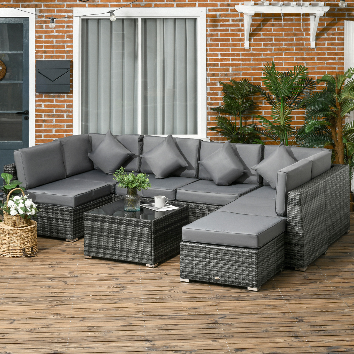 Outsunny 8 Pieces Patio Rattan Sofa Set Garden Furniture Set for Outdoor Grey