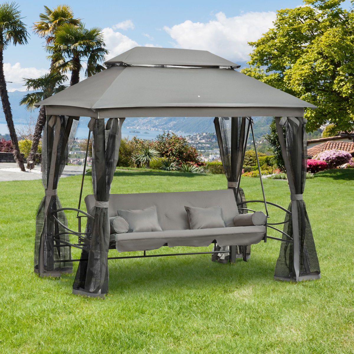 3 Seater Swing Chair Hammock Gazebo Double Tier Canopy, Cushioned Seat Grey