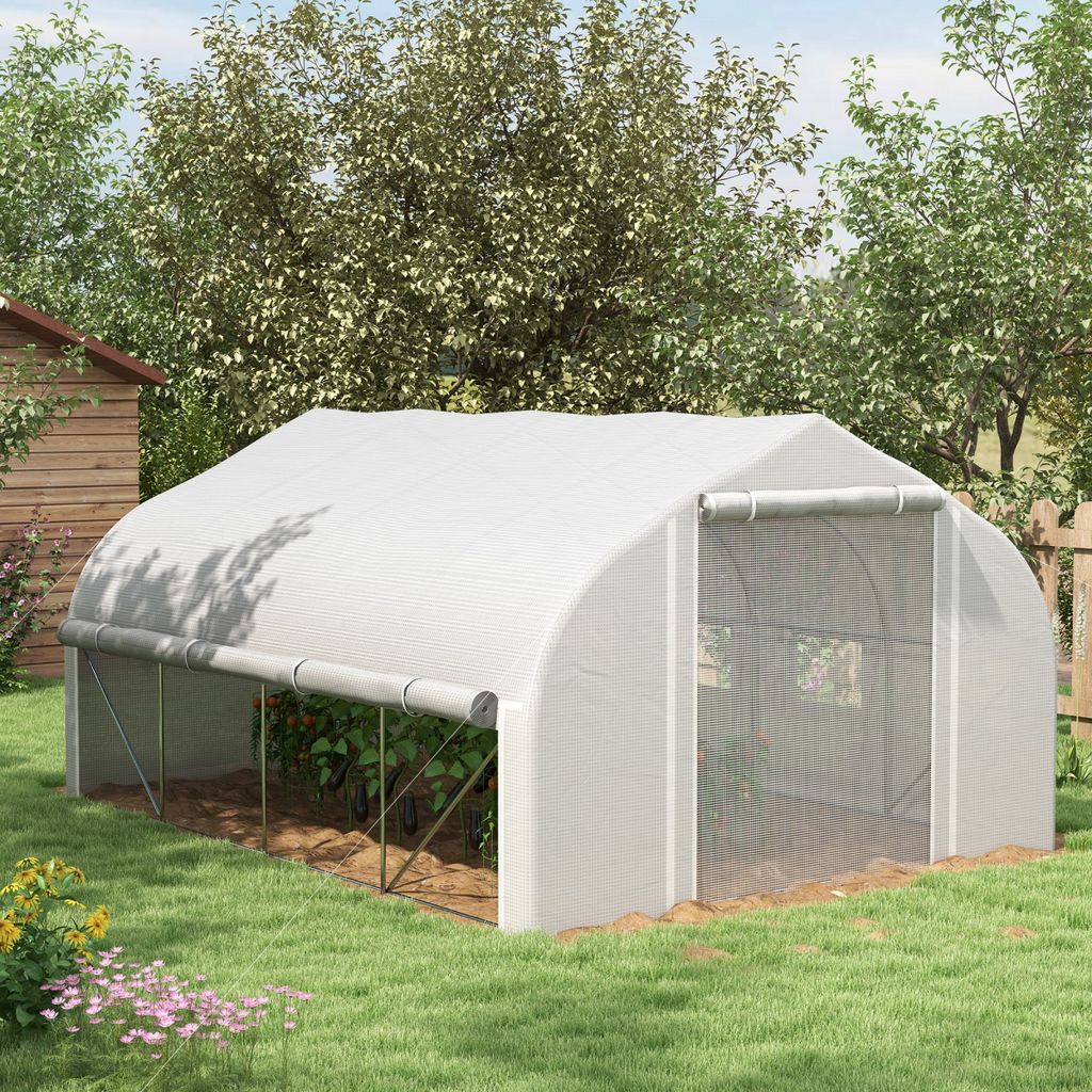 4 x 3(m) Polytunnel Greenhouse with Roll Up Sidewalls, Mesh Door, Plant Labels