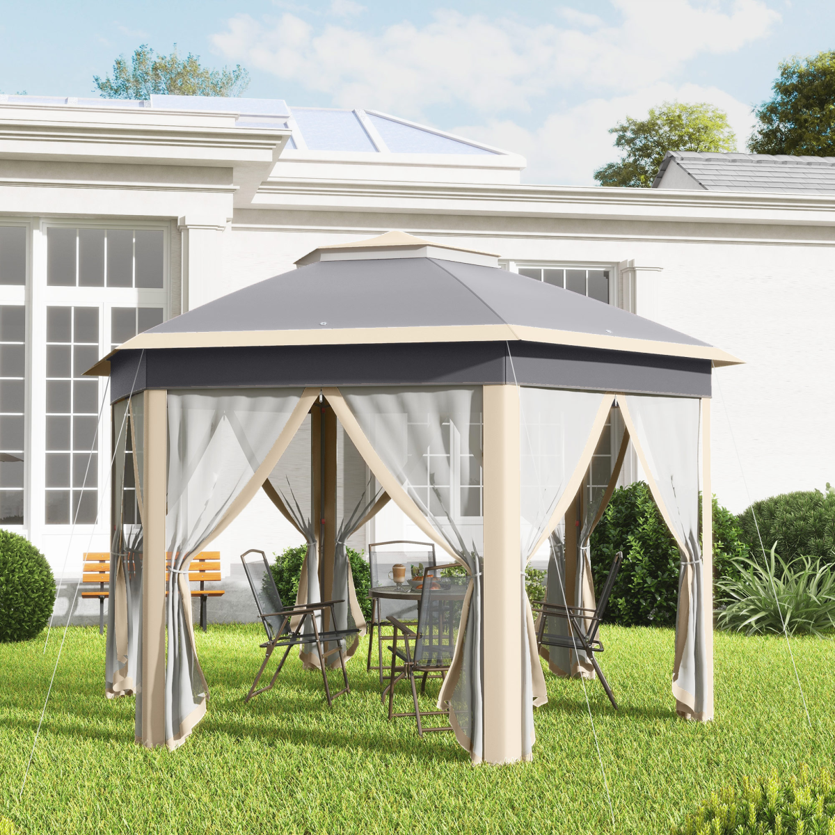 Outsunny 3x4m Hexagon Gazebo w/ Metal Frame Mesh Curtains Outdoor Garden, Khaki