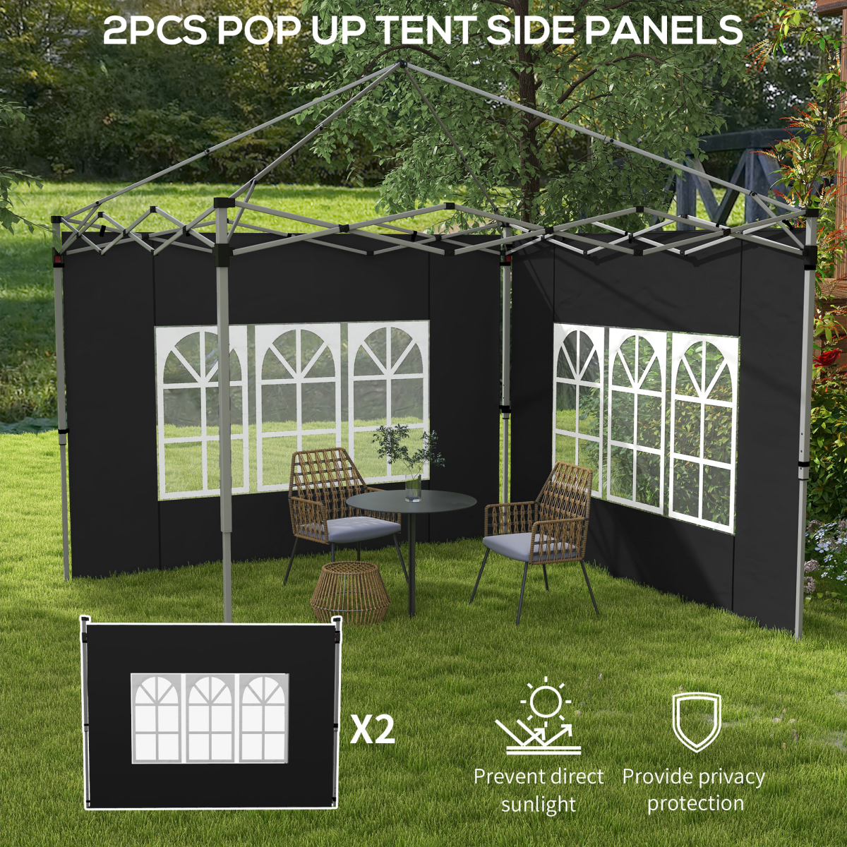 Outsunny Gazebo Side Panels for 3x3(m) or 3x4m Pop Up Gazebo, 2 Pack, Black