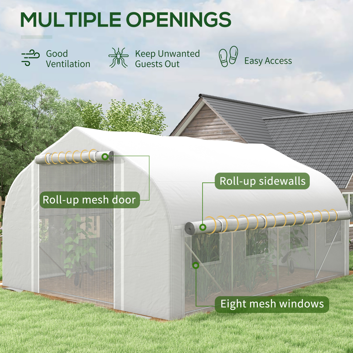 4 x 3(m) Polytunnel Greenhouse with Roll Up Sidewalls, Mesh Door, Plant Labels