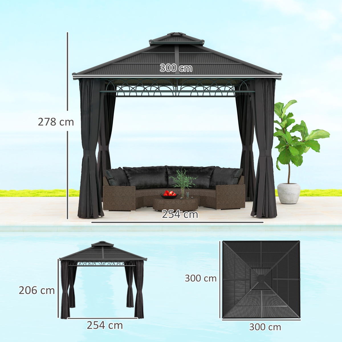 Outsunny 3 x 3 (m) Double Roof Hard Top Gazebo w/Nettings, Dark Grey