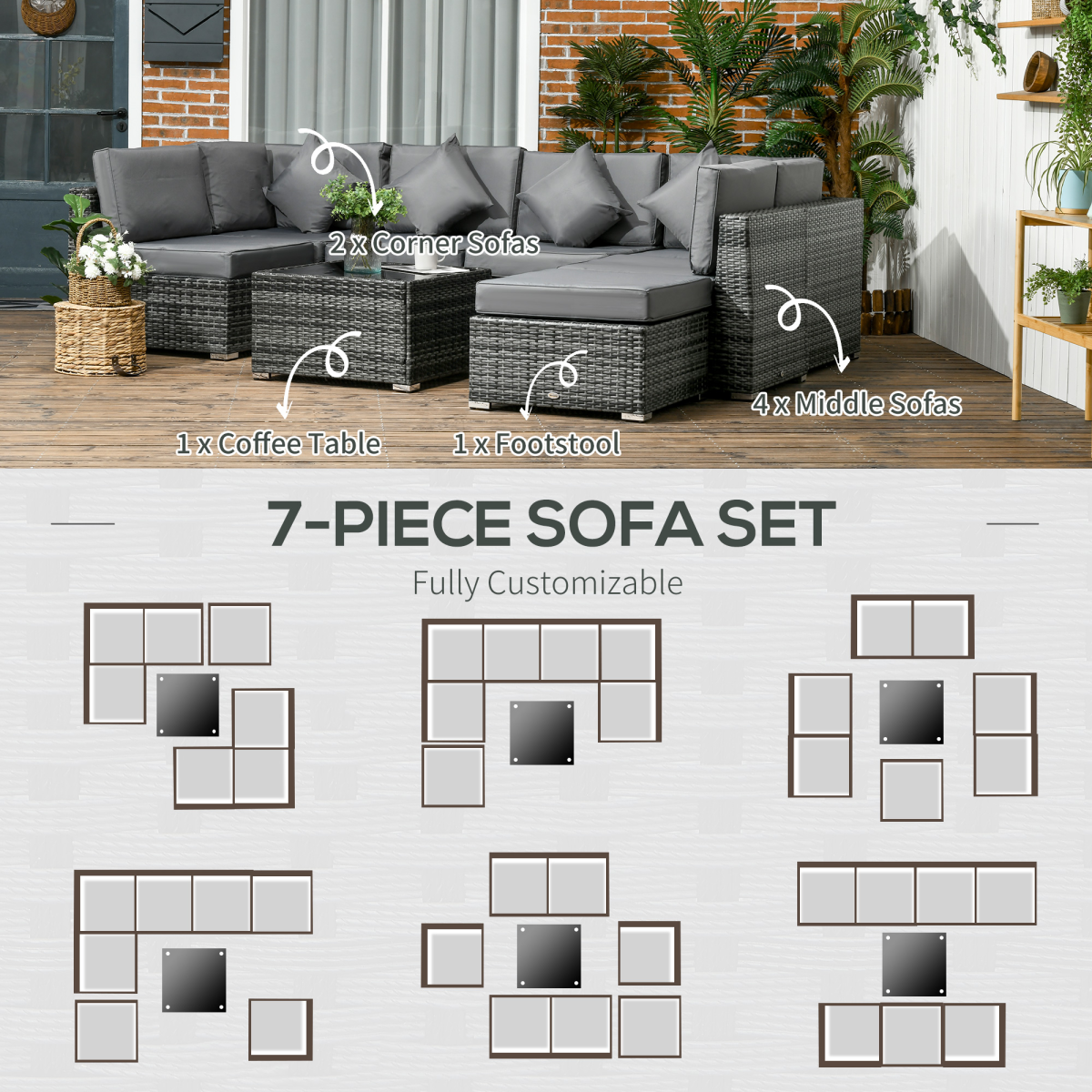 Outsunny 8 Pieces Patio Rattan Sofa Set Garden Furniture Set for Outdoor Grey