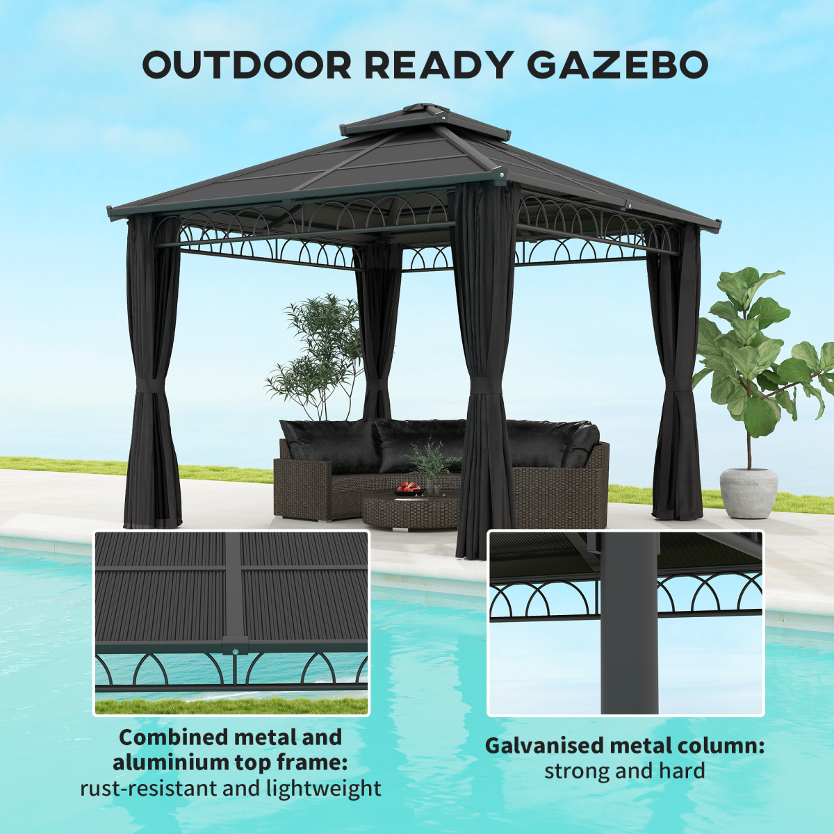 Outsunny 3 x 3 (m) Double Roof Hard Top Gazebo w/Nettings, Dark Grey