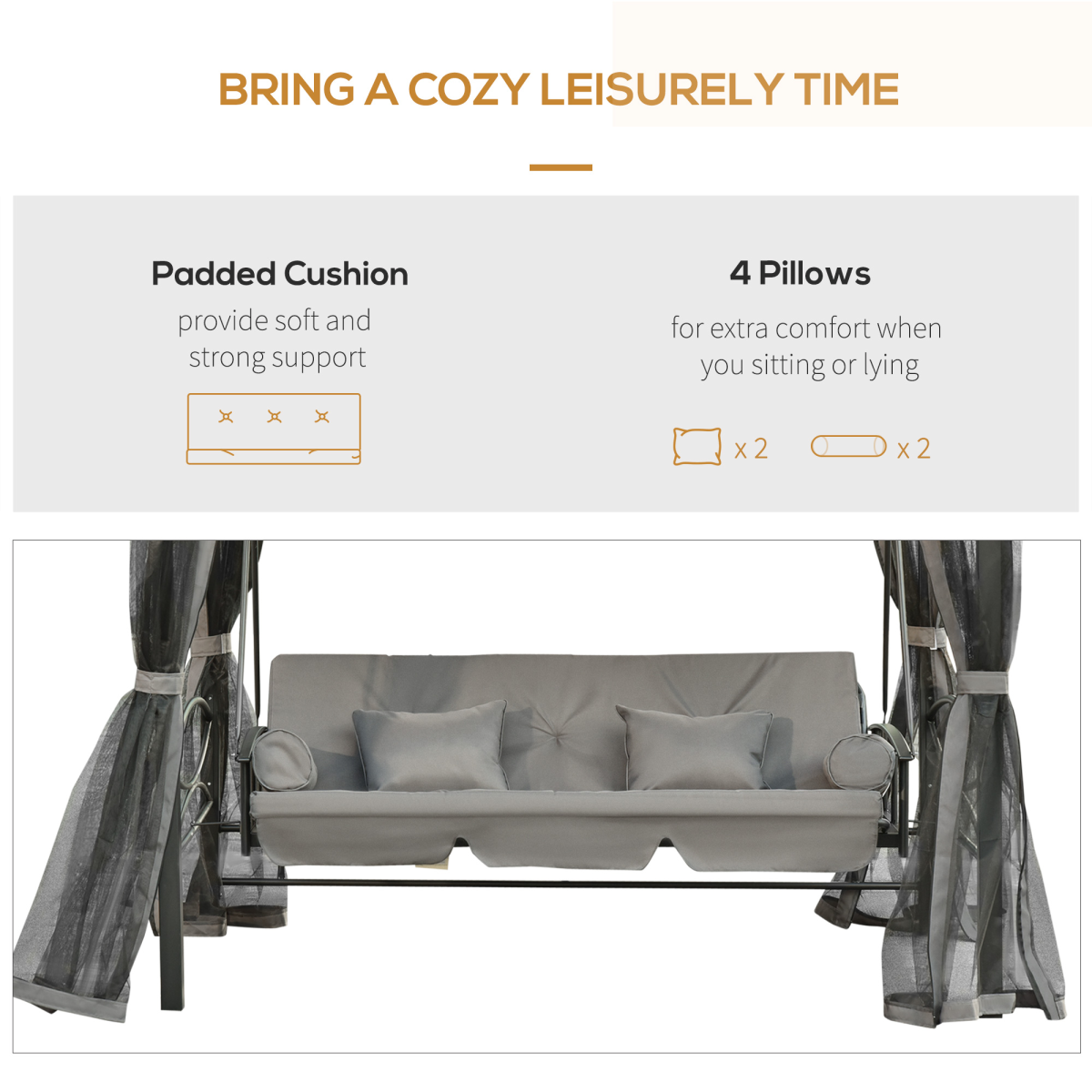 3 Seater Swing Chair Hammock Gazebo Double Tier Canopy, Cushioned Seat Grey