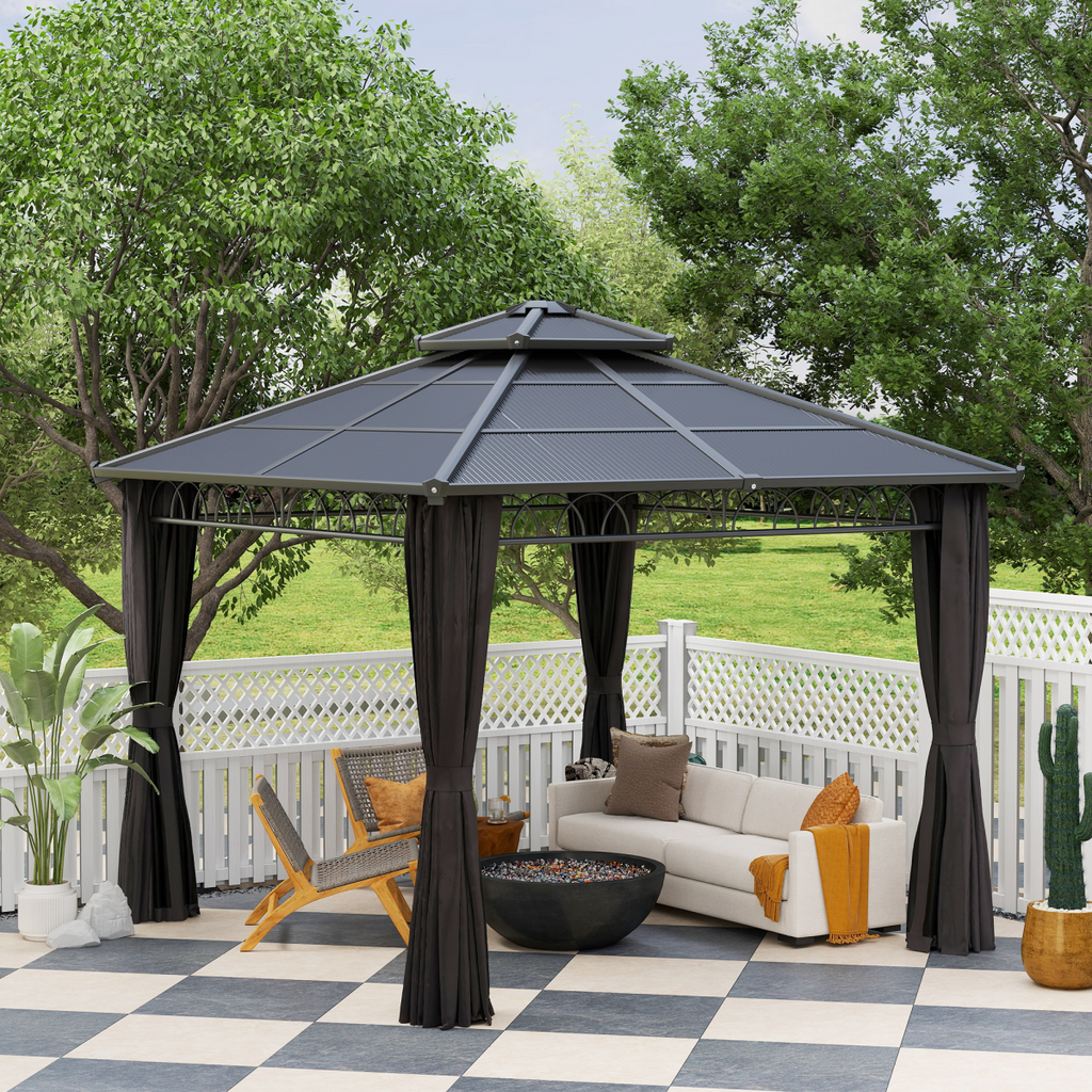 Outsunny 3 x 3 (m) Double Roof Hard Top Gazebo w/Nettings, Dark Grey