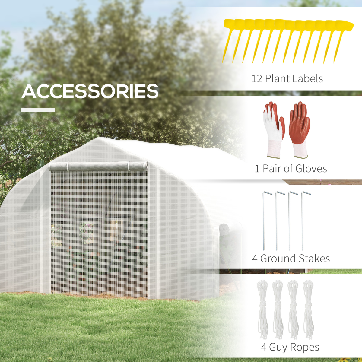 4 x 3(m) Polytunnel Greenhouse with Roll Up Sidewalls, Mesh Door, Plant Labels