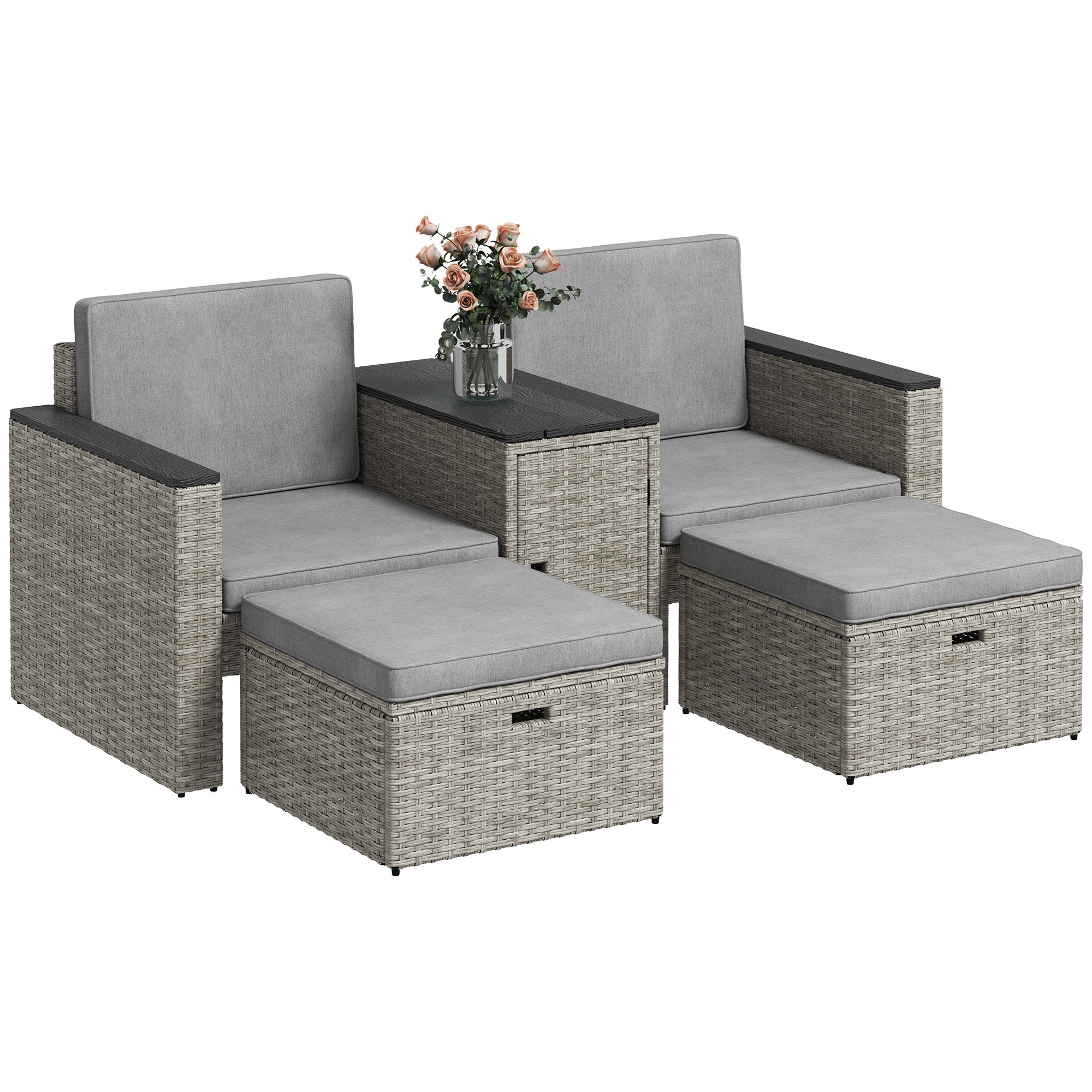 Outsunny 5 Piece Rattan Garden Furniture Set w/ Storage Table, Stools, Grey