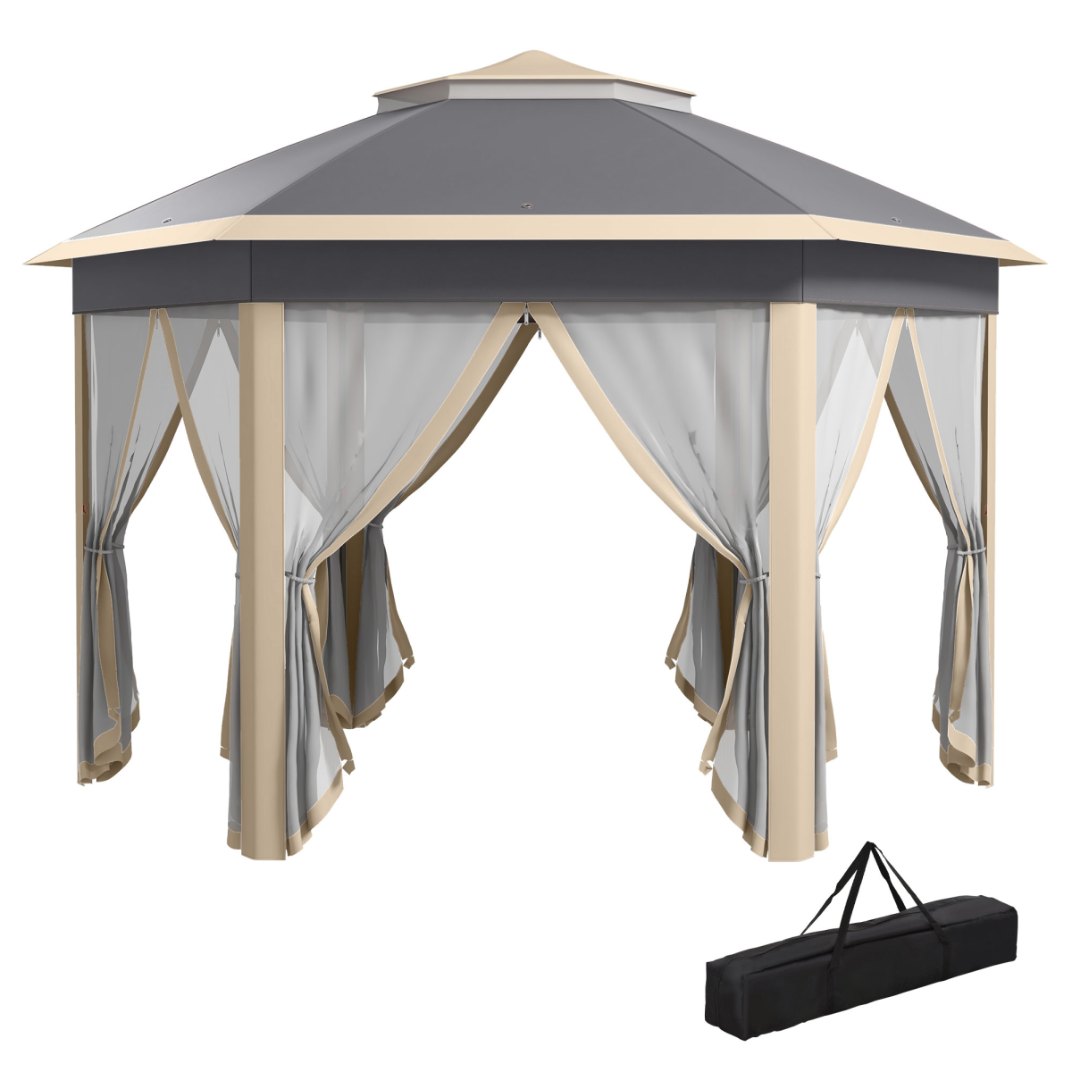 Outsunny 3x4m Hexagon Gazebo w/ Metal Frame Mesh Curtains Outdoor Garden, Khaki