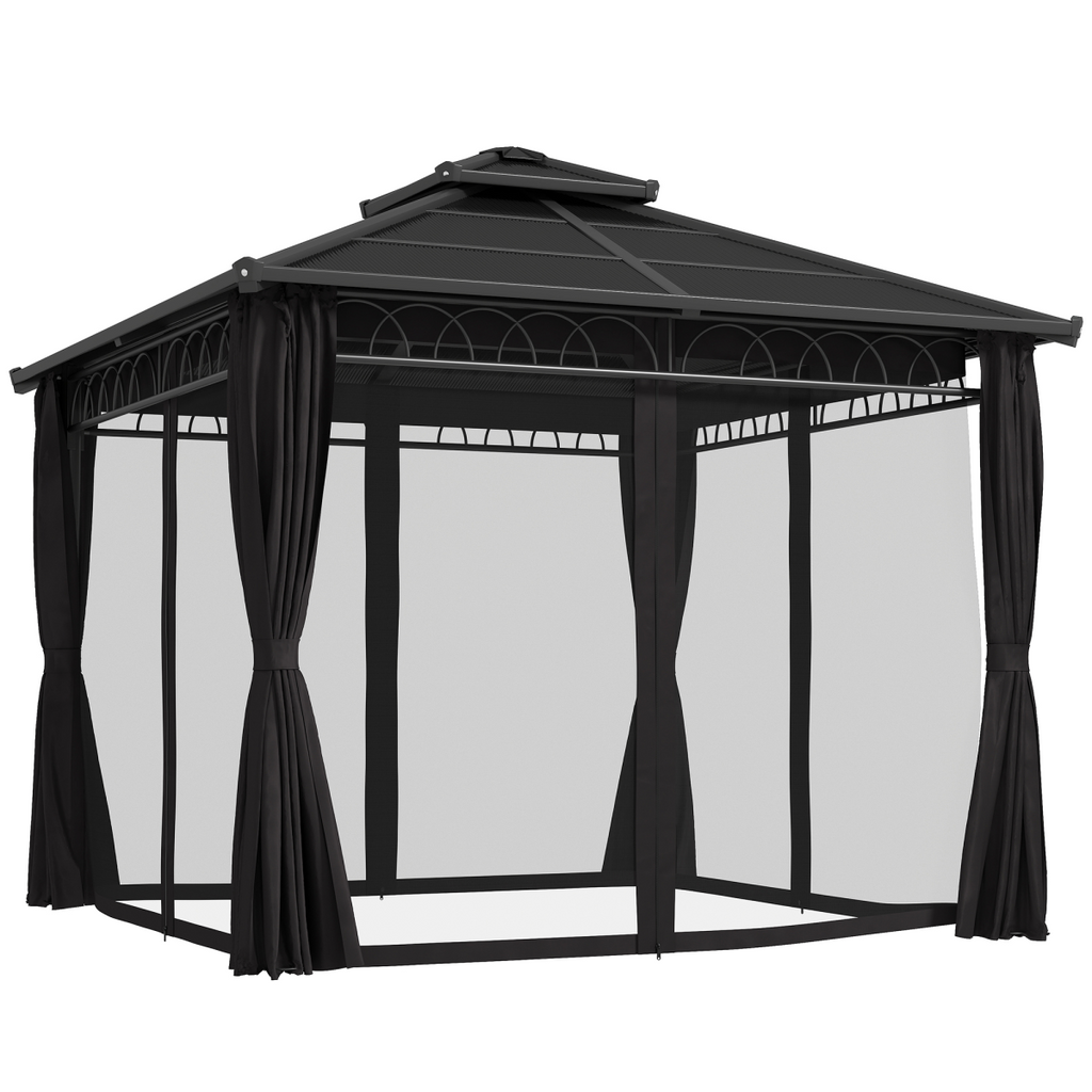 Outsunny 3 x 3 (m) Double Roof Hard Top Gazebo w/Nettings, Dark Grey